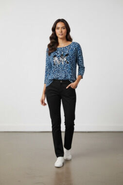 Michael Kors Women's Blue Animal Print 3/4 Sleeve MK Logo Top